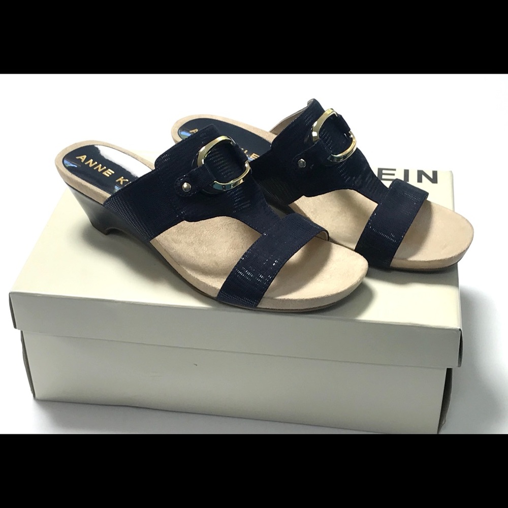 Anne Klein Slip on Sandals Shoes Navy Akteela 7.5
